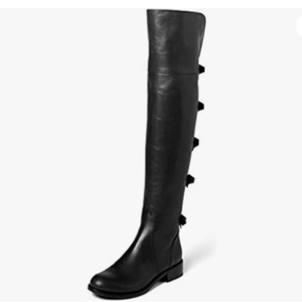 XYD Women Over The Knee Thigh High Leather Boots Chunky Heel Round Toe Bowknots